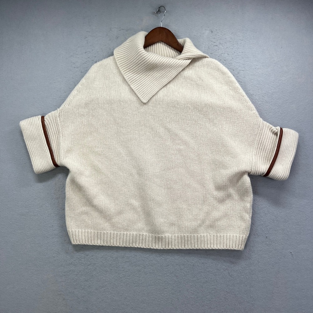Massimo Dutti Sweater Womens S Ivory Wool Angora Cashmere Leather Trim Italy